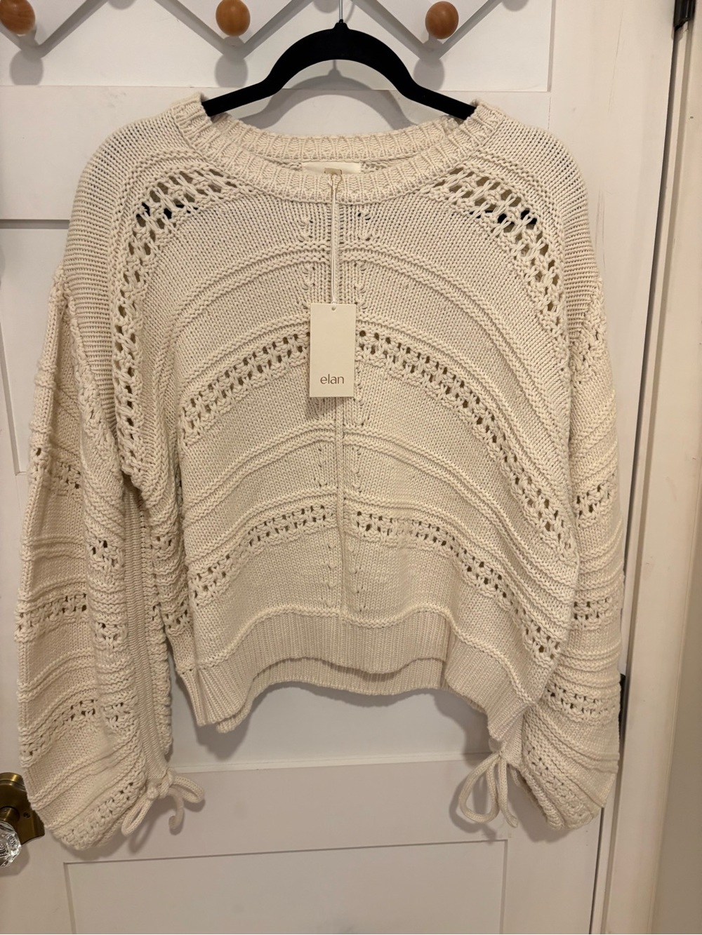 Elan Cream Openwork Crewneck Sweater